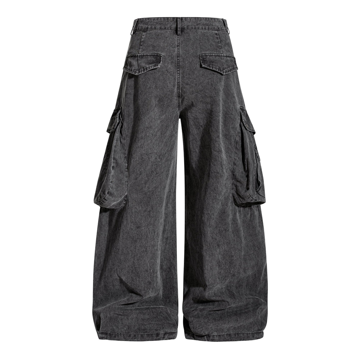 Side view of washed cargo trousers showing their wide-leg silhouette