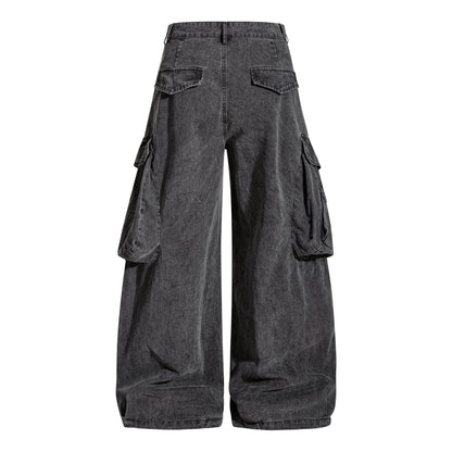 Side view of washed cargo trousers showing their wide-leg silhouette