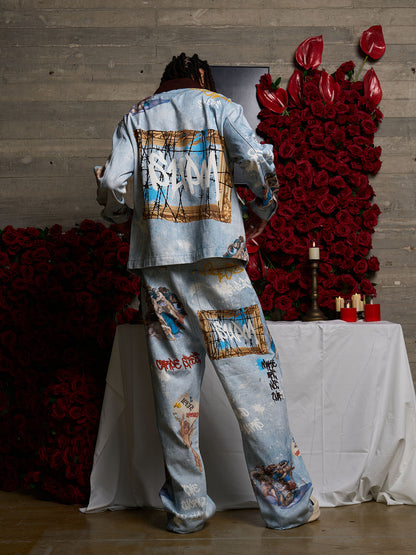 Retro Graffiti Angelic Print Baggy Jeans