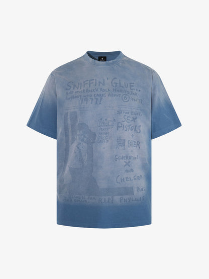 Short sleeve detail of vintage-style washed graphic cotton T-shirt