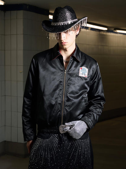 Side view of the varsity jacket showing its structured silhouette