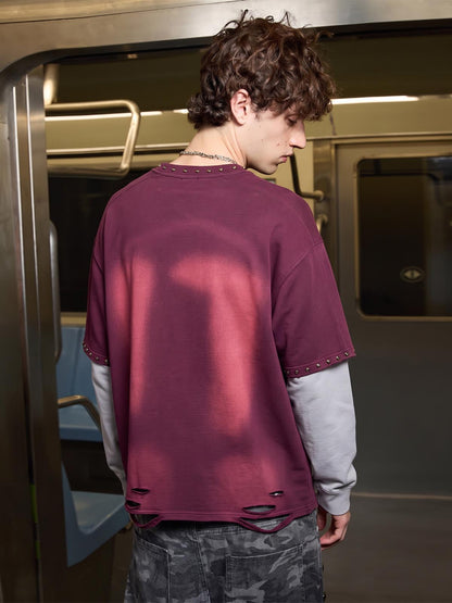 Long sleeve T-shirt with a bold flame graphic and distressed finish