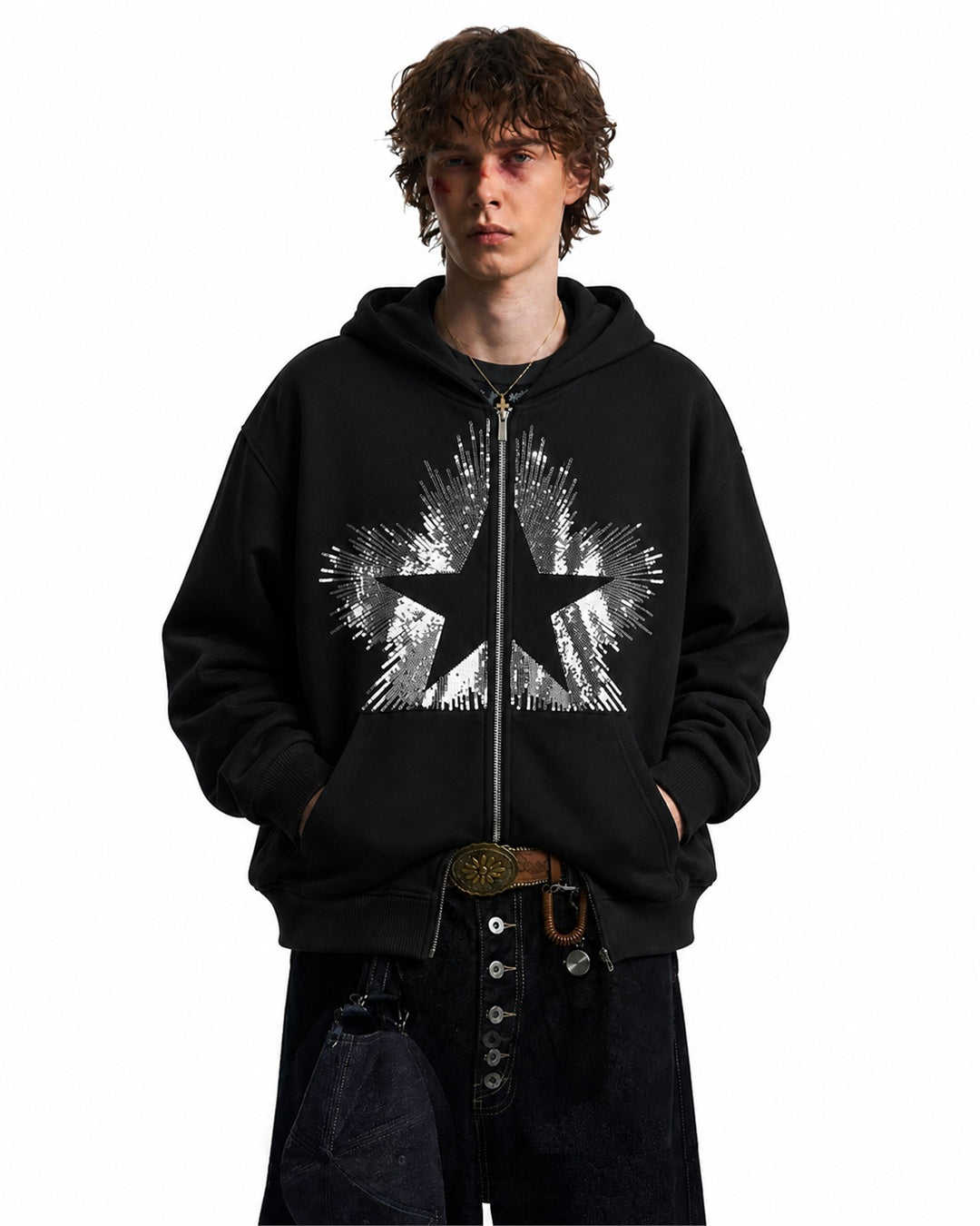 Sequin star zip-up hoodie shown from the front