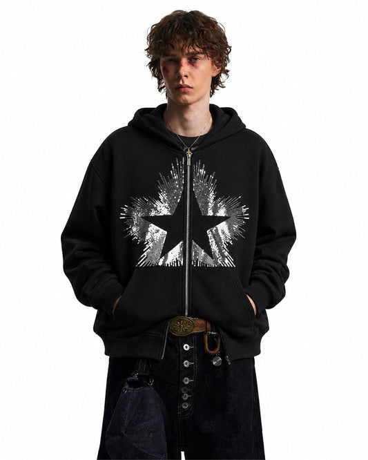 Sequin star zip-up hoodie shown from the front