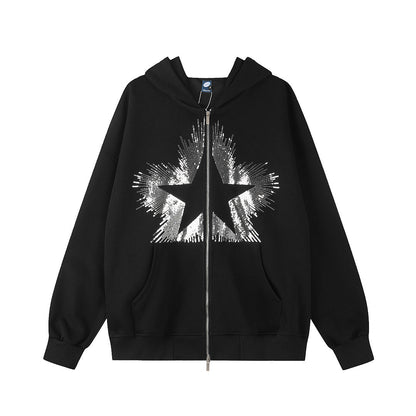 Front view of a hoodie with a sparkling sequin star design