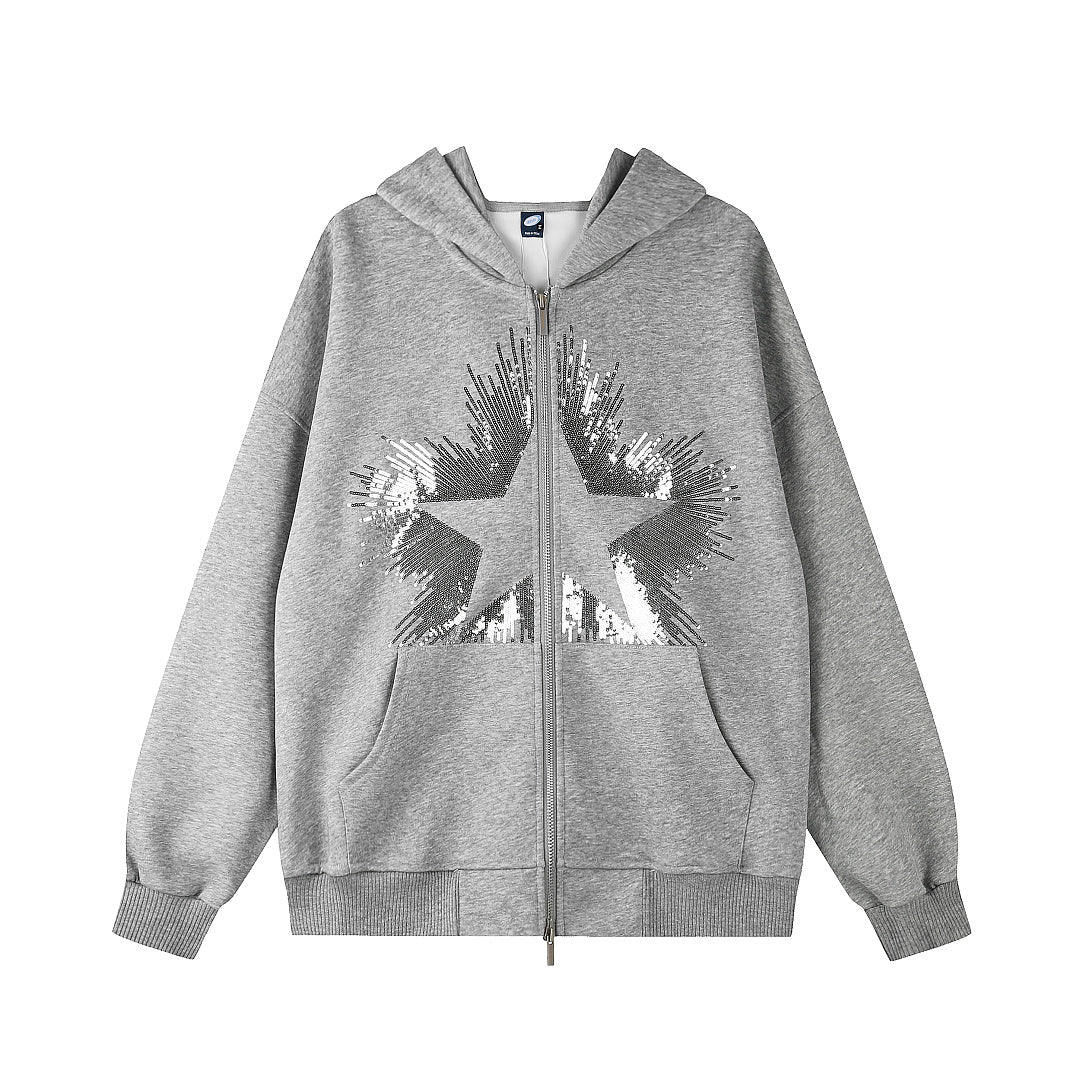 Zip fastening and hood detail on the sequin star hoodie