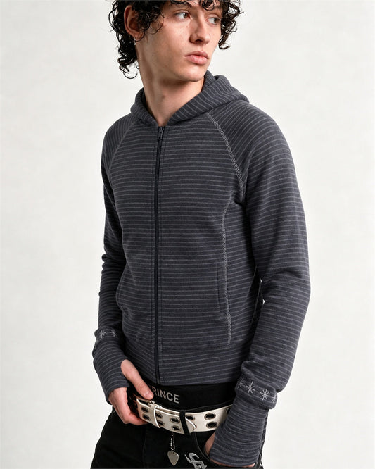 Striped zip-up hoodie with a hood and raglan sleeves