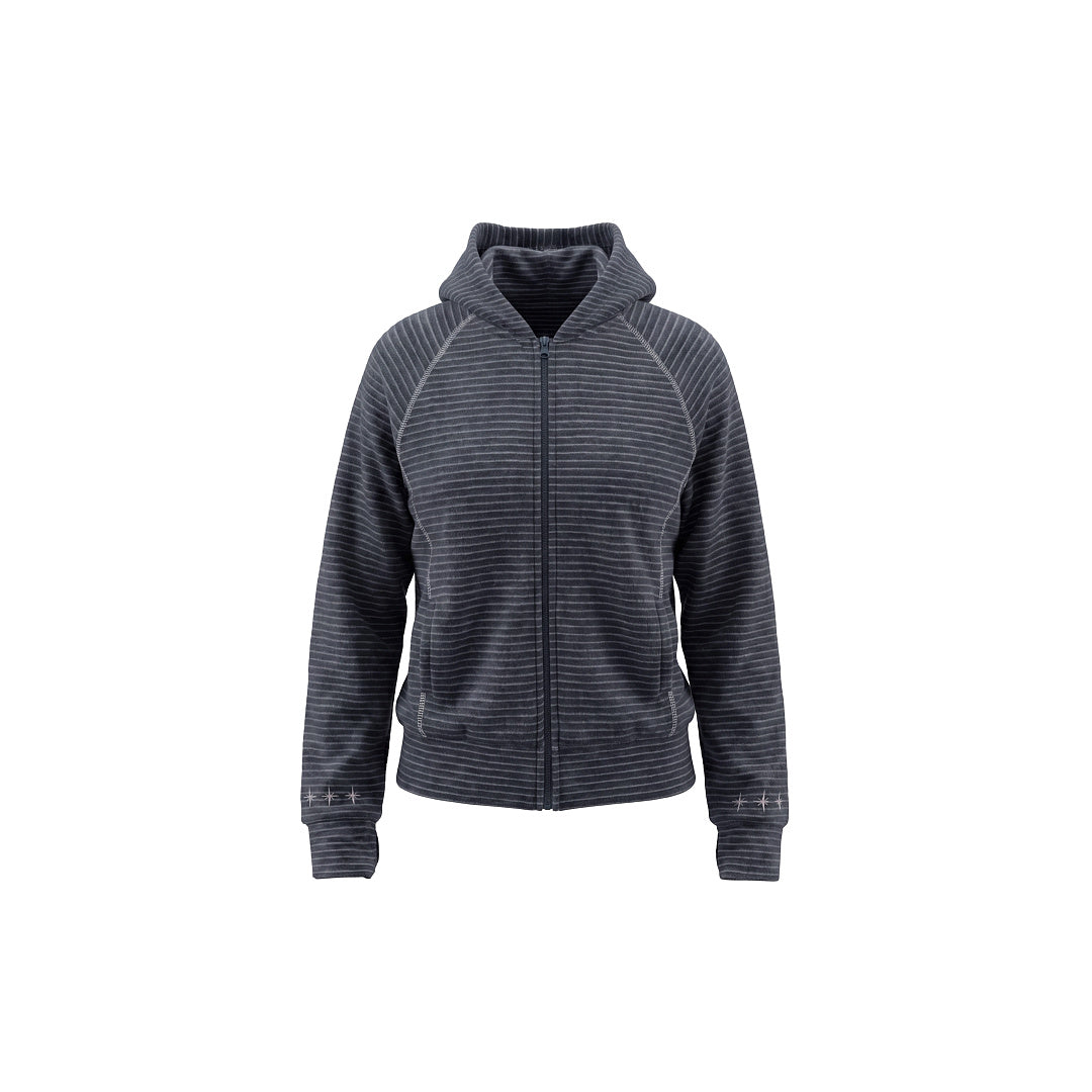 Front view of a striped hoodie with a full-length zip