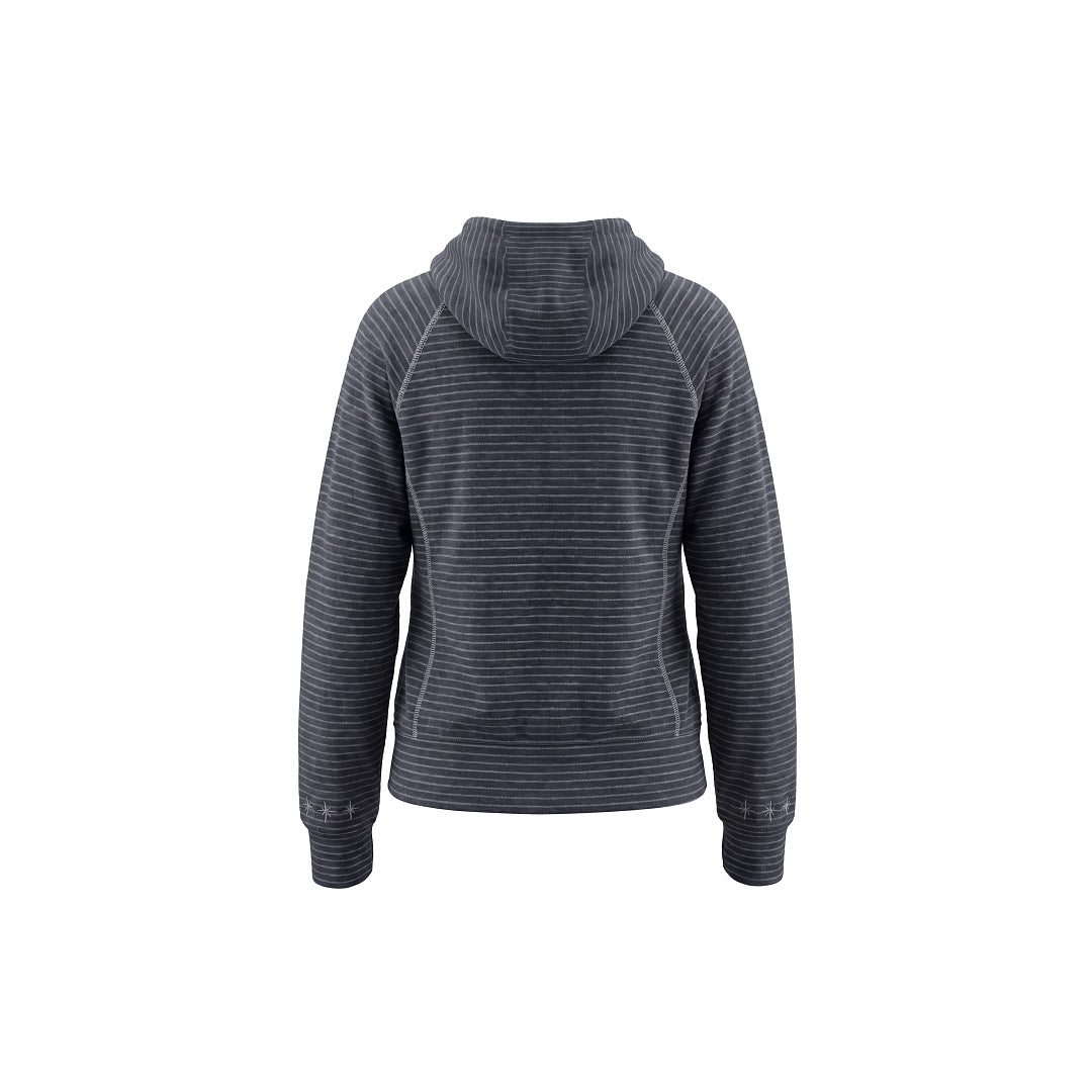 Hoodie showing its striped pattern and relaxed fit