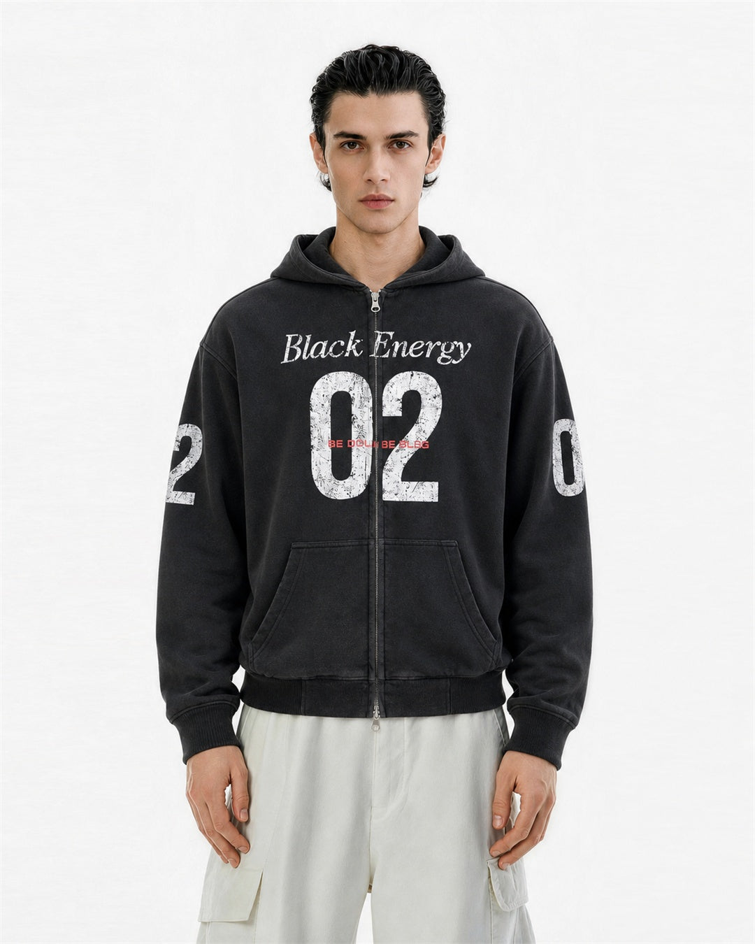 Graphic boxy zip-up hoodie with distressed number print shown from the front