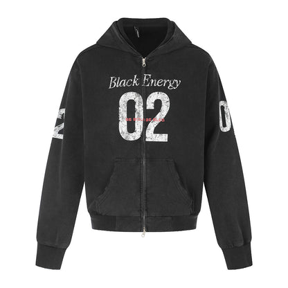 Front view of a boxy zip-up hoodie with a full zip fastening and graphic print