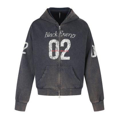 Graphic Boxy Zip-Up Hoodie With Distressed Number Print