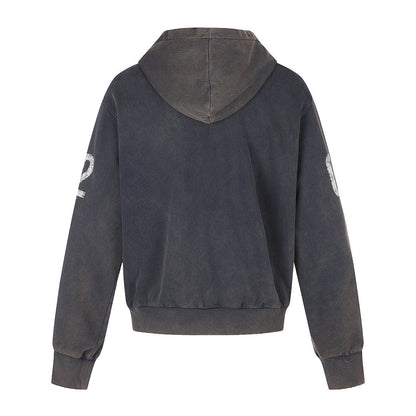 Side view of the graphic zip-up hoodie displaying its oversized boxy fit