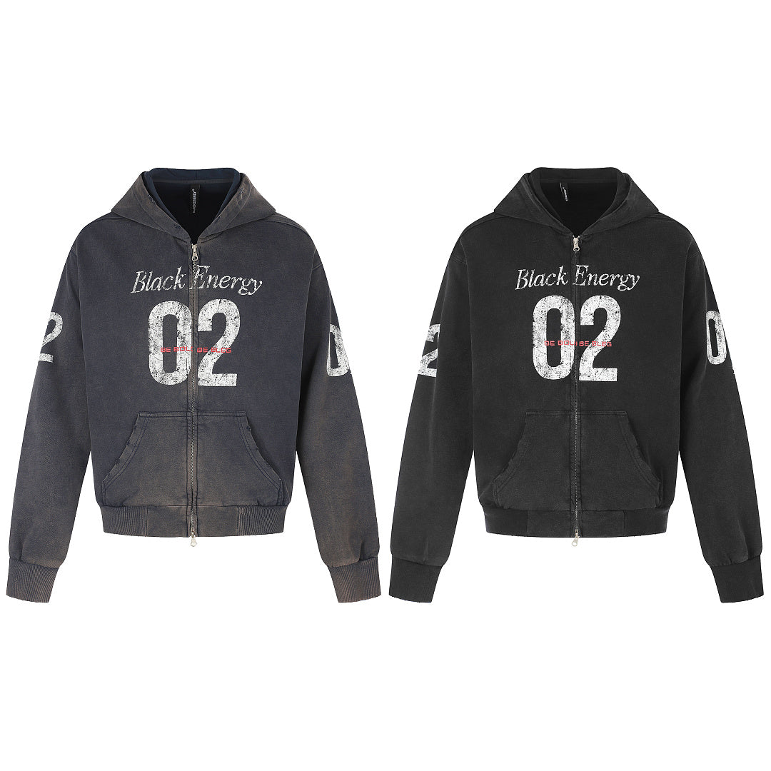 Full product view of the distressed number print zip-up hoodie