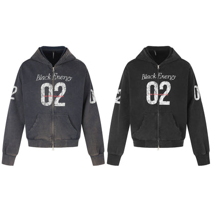 Full product view of the distressed number print zip-up hoodie