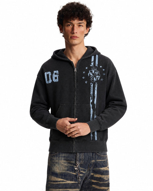 Front view of a distressed graphic zip-up hoodie with a full zip fastening