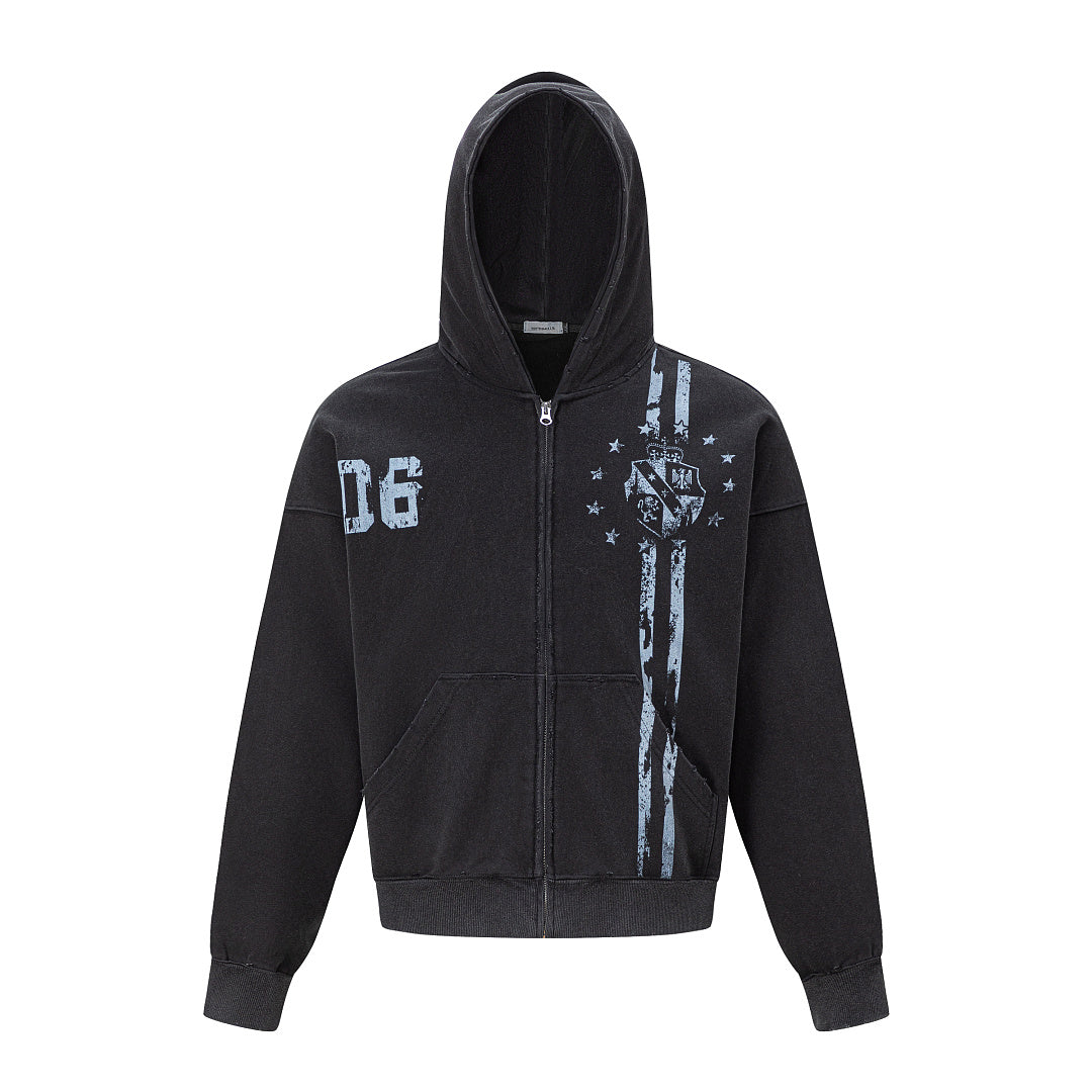 Distressed graphic detail displayed on the front of the zip-up hoodie