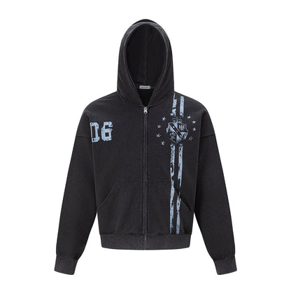 Distressed graphic detail displayed on the front of the zip-up hoodie
