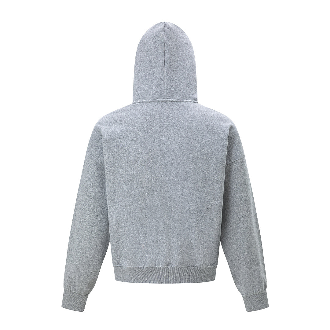 Back view of the distressed graphic zip-up hoodie