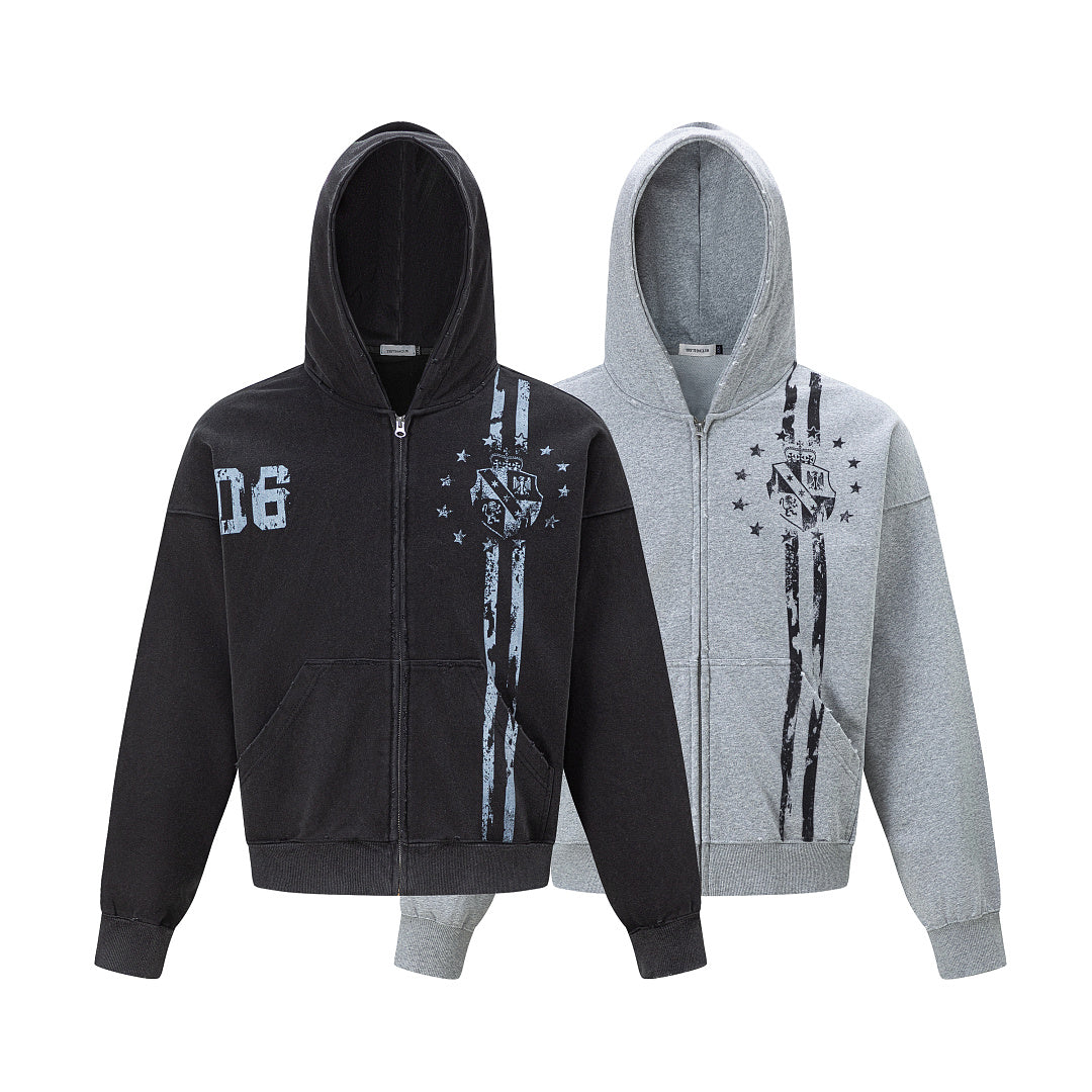 Full product view of the distressed graphic hooded sweatshirt