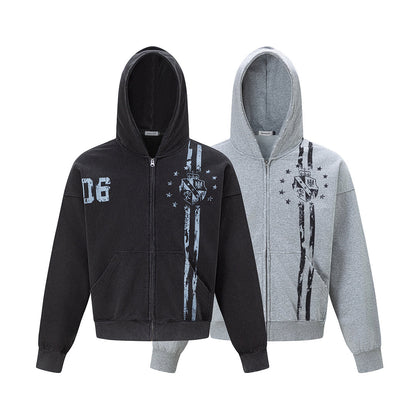 Full product view of the distressed graphic hooded sweatshirt