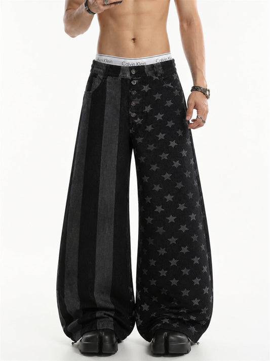 Striped star baggy barrel jeans shown from the front