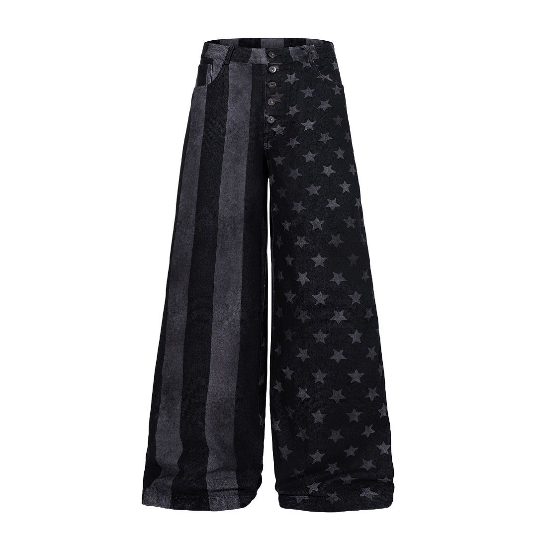Close-up of the striped pattern and star details on the jeans
