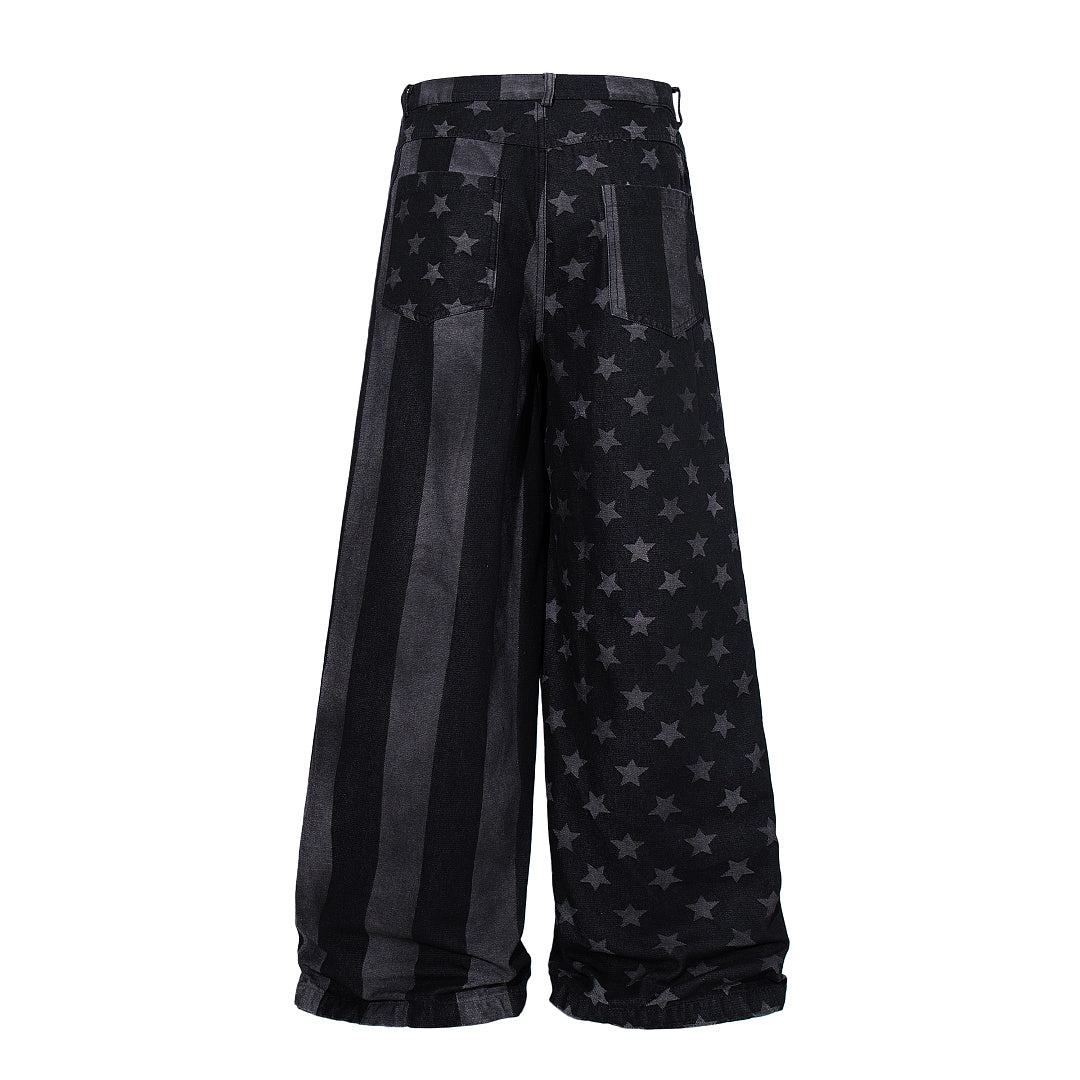 Side view of striped star baggy barrel jeans