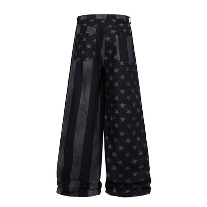 Side view of striped star baggy barrel jeans