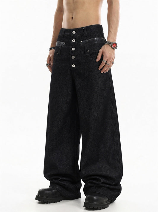 Double-waist baggy barrel jeans shown from the front