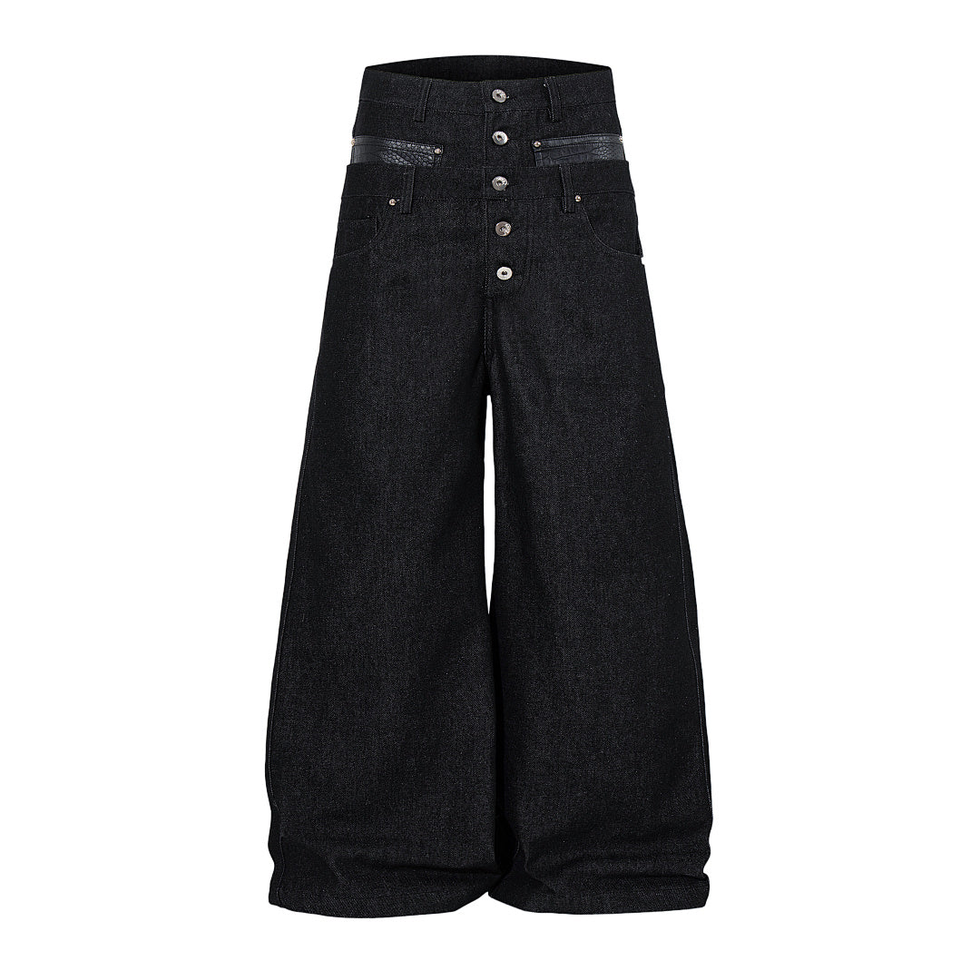 Front view of relaxed double-waist barrel-leg jeans