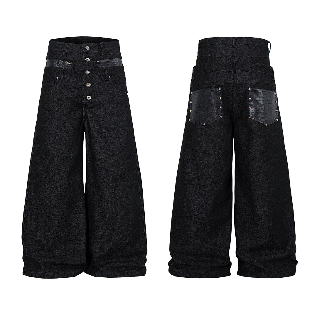 Double-waist jeans showing the layered waistband detail