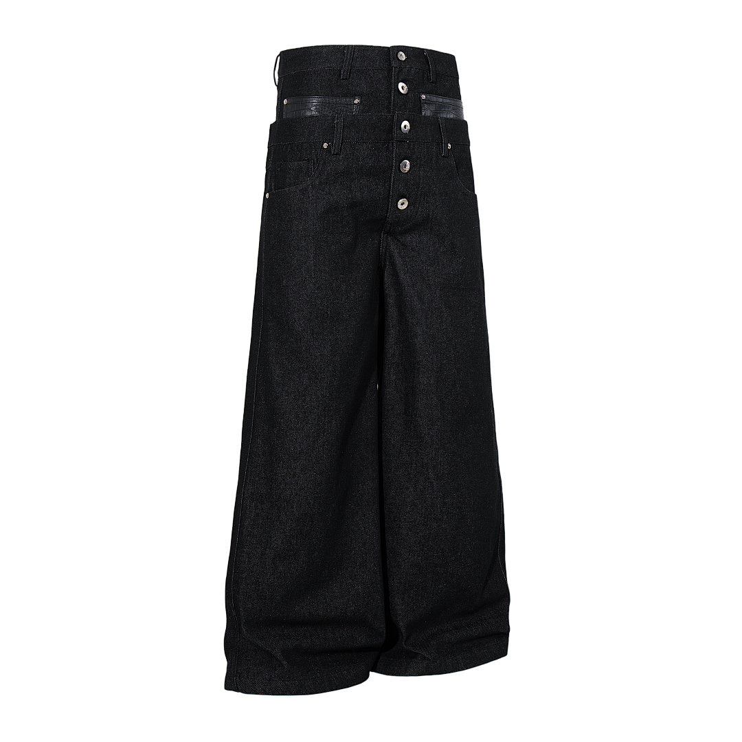 Side view of baggy barrel-leg jeans with a relaxed silhouette
