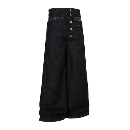 Side view of baggy barrel-leg jeans with a relaxed silhouette