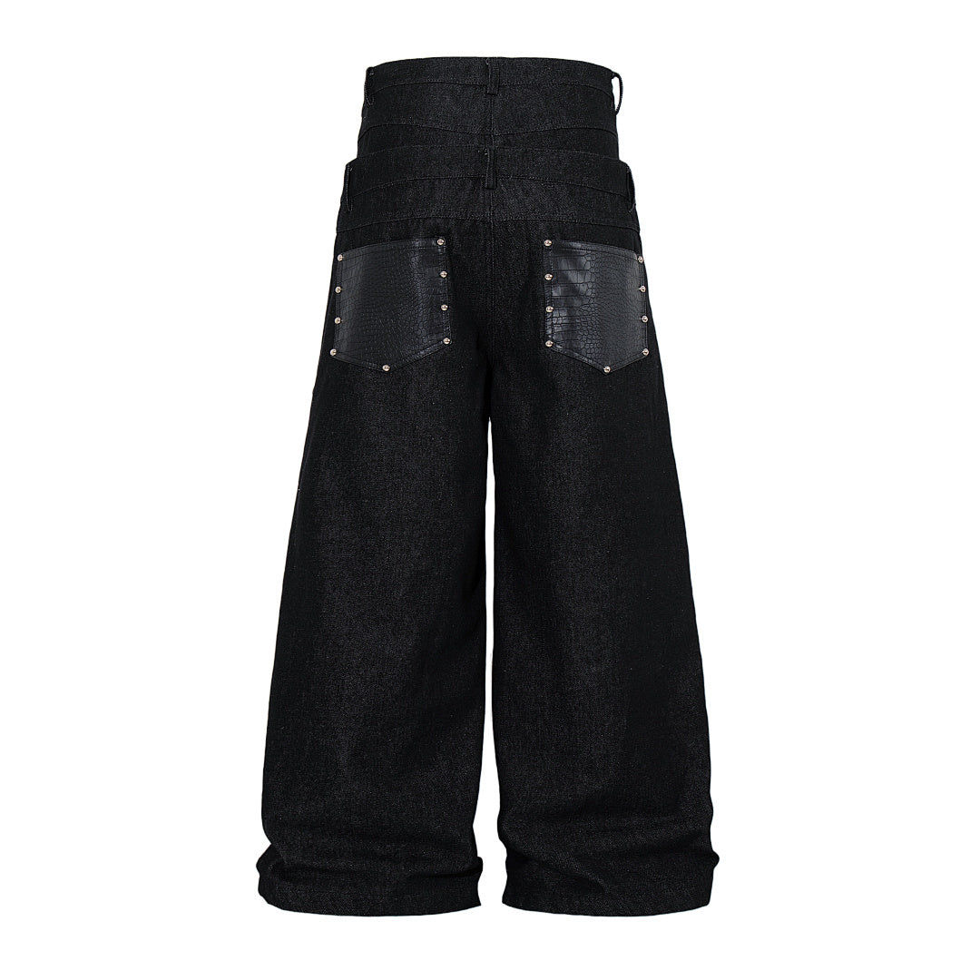 Back view of double-waist baggy jeans