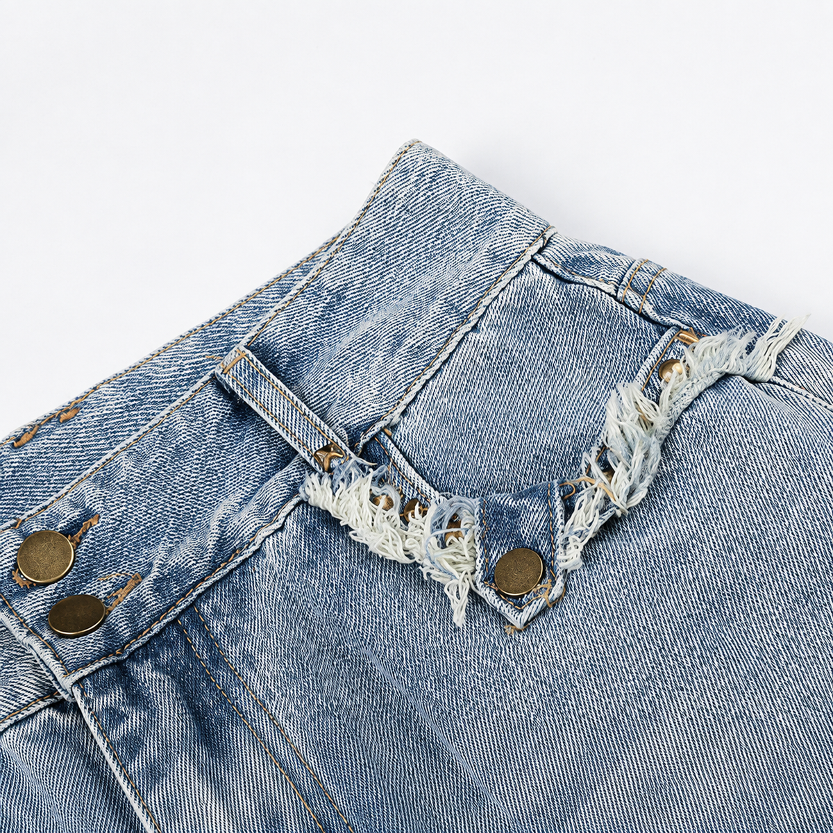 Side view of relaxed wide-leg jeans with a frayed finish