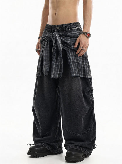 Front view of detachable plaid layer baggy jeans