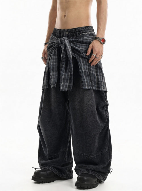 Front view of detachable plaid layer baggy jeans