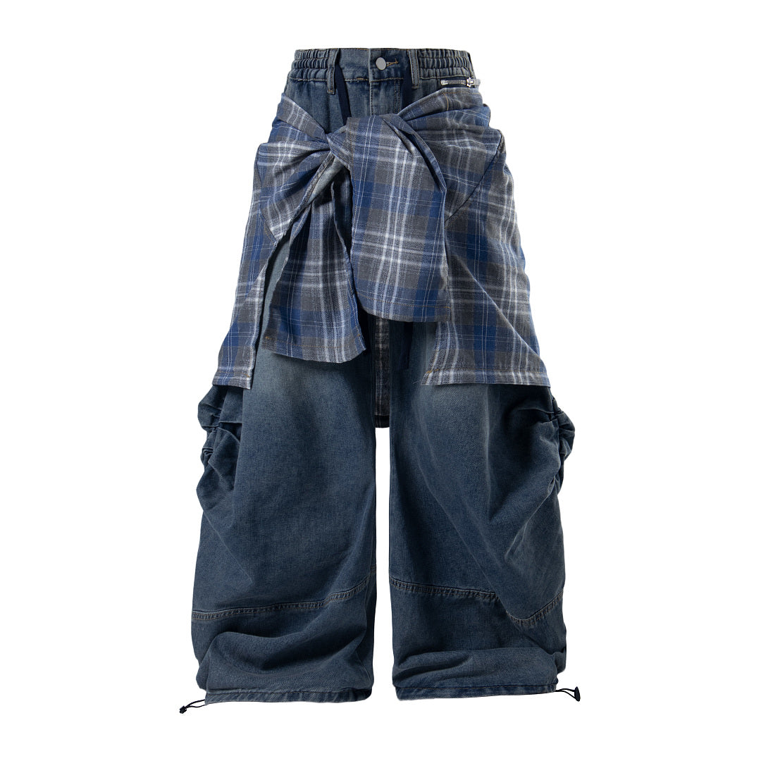Side view of relaxed-fit plaid layer jeans
