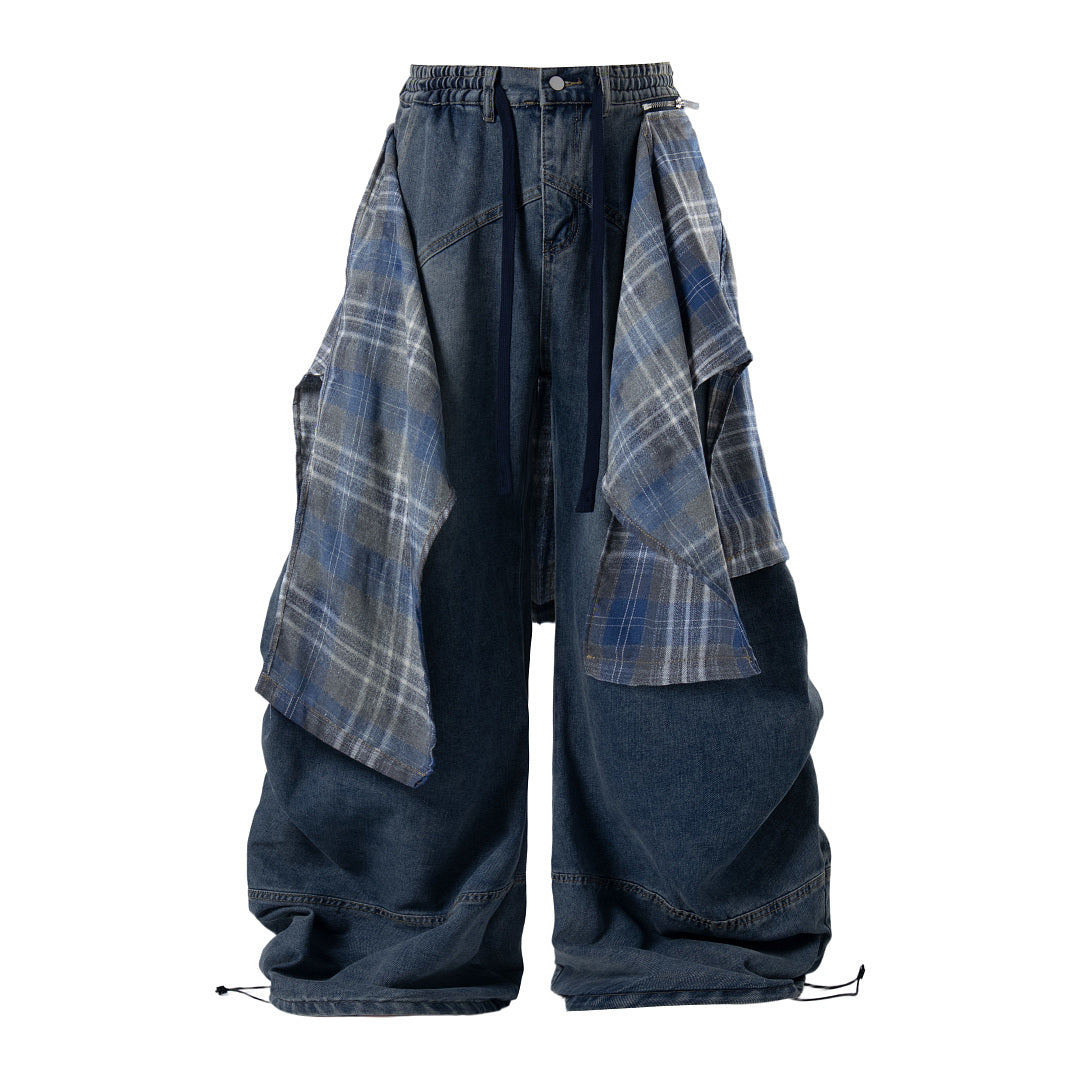 Detachable plaid layer detail on relaxed jeans