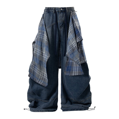 Detachable plaid layer detail on relaxed jeans