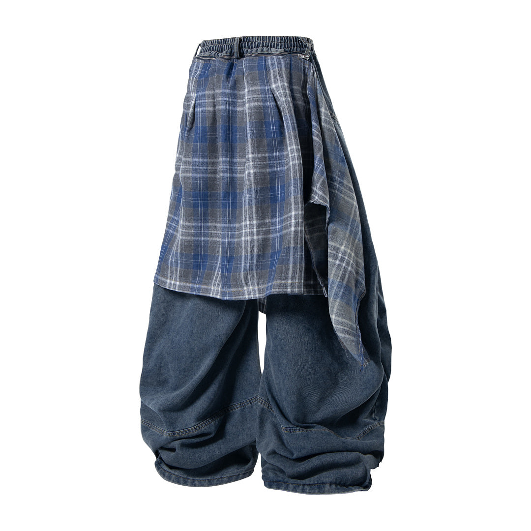 Casual styling of detachable plaid baggy jeans