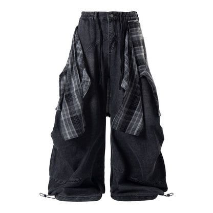 Plaid layer and wide-leg silhouette on jeans