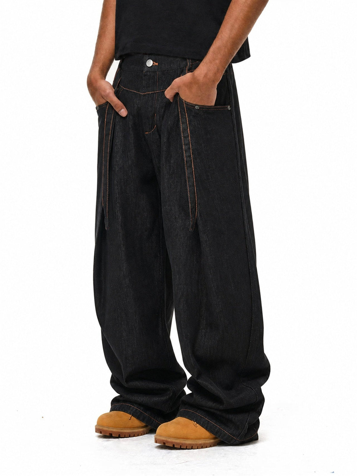 Pleated baggy barrel jeans displayed from the front