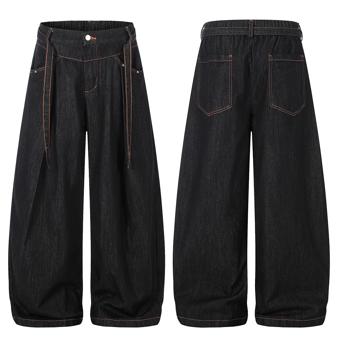 Relaxed pleated barrel jeans shown in a complete outfit