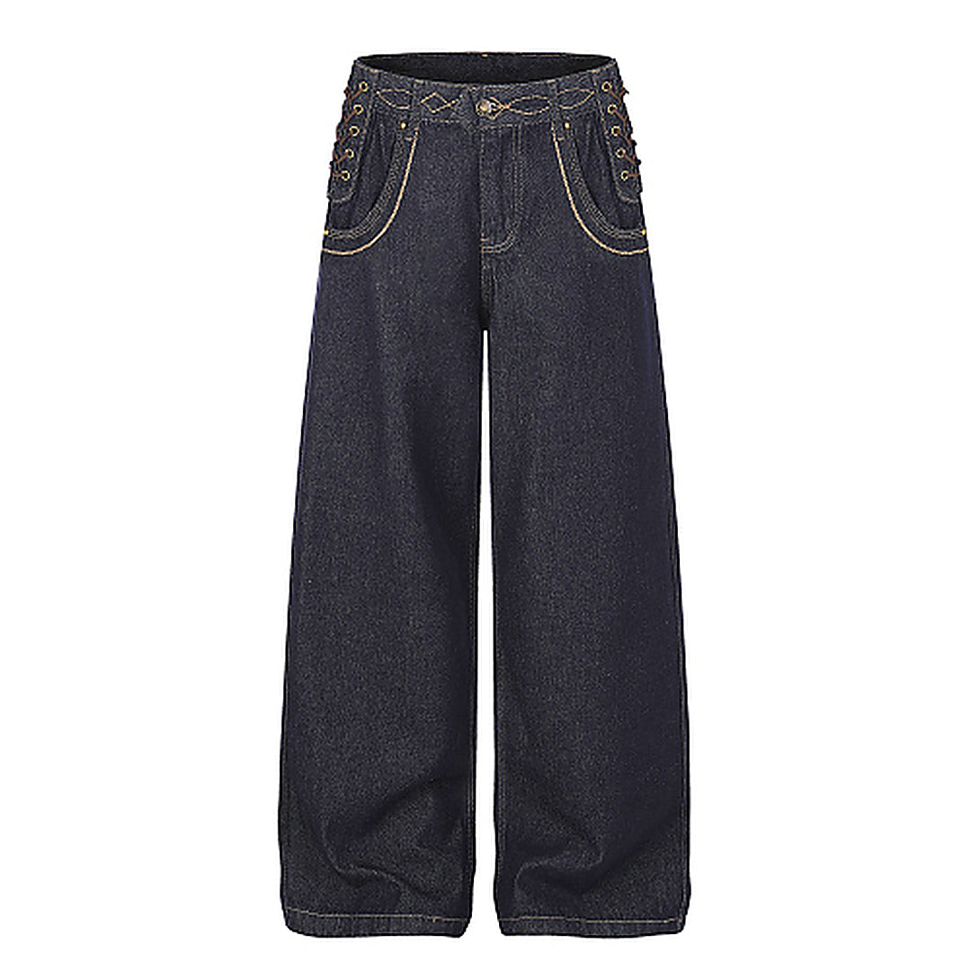 Front view of baggy jeans with lace-up pocket detailing