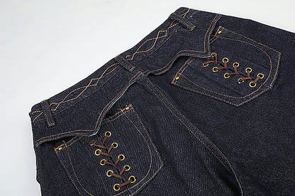 Side view showing the loose fit of the jeans