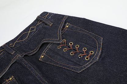 Detailed view of the pocket lacing and denim construction