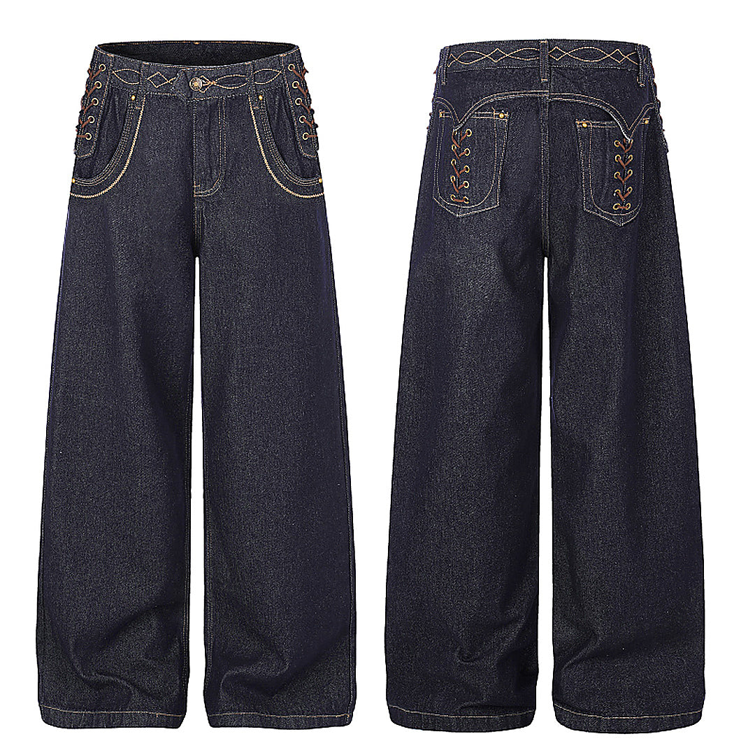 Full-length view of jeans with lace-up pocket details