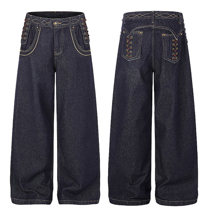 Full-length view of jeans with lace-up pocket details